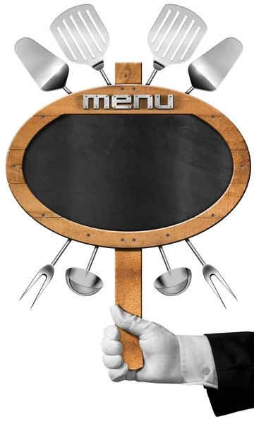 Food Menu - Blackboard with Hand of Waiter — Stock Photo, Image