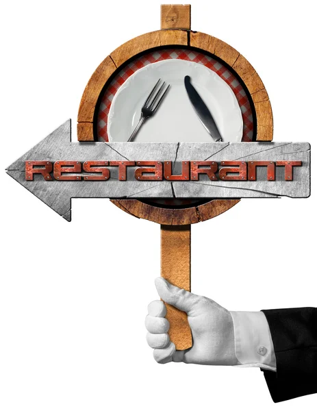 Restaurant - Arrow Sign with Hand of Waiter — Stock Photo, Image