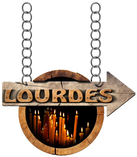 Lourdes - Segno di legno con candele votive — Foto Stock