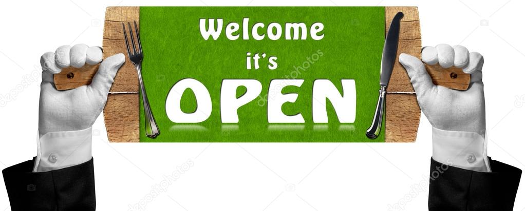 Welcome it is Open - Sign with Hands of Waiter