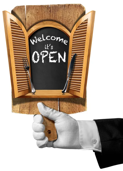 Willkommen ist offen - Schild mit der Hand des Kellners — Stockfoto