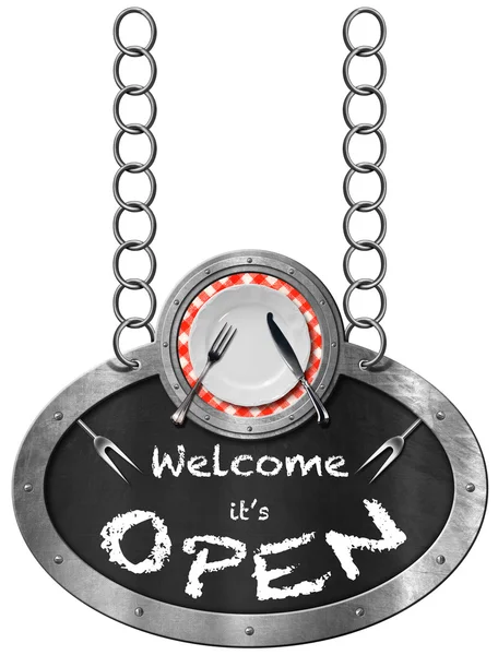 Willkommen ist offen - Schild mit Teller und Besteck — Stockfoto