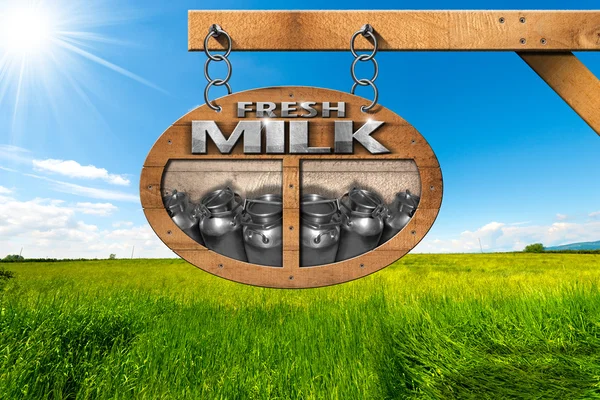 Fresh Milk - Wooden Sign in Countryside — Stock Photo, Image