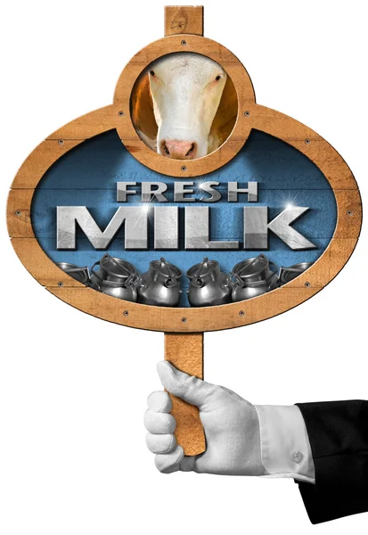 Čerstvé mléko - znamení rukou číšník — Stock fotografie