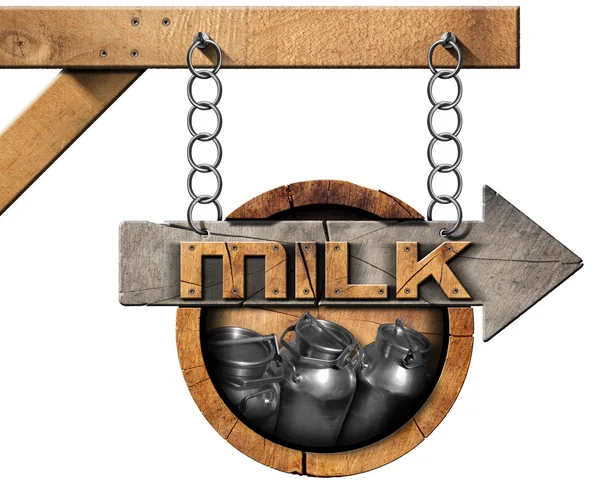 牛奶罐-木标志与箭头和链 — 图库照片