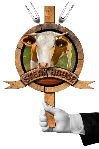 Steak House -  Sign with Hand of Waiter — Stock Photo, Image