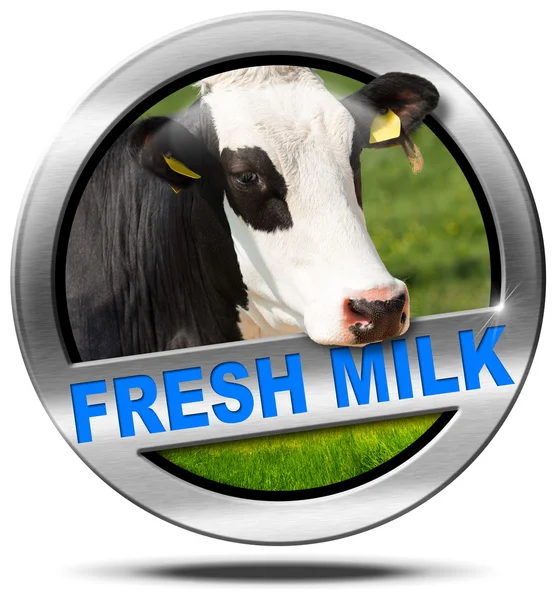 Färsk mjölk - metall ikon med ko — Stockfoto