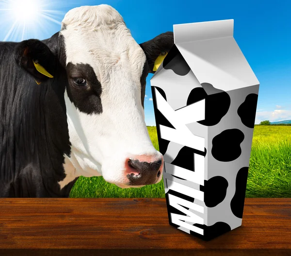 Caja de Leche en Campo con Vaca —  Fotos de Stock