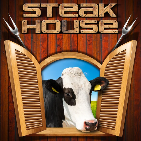 Steak House - Finestra con mucca — Foto Stock