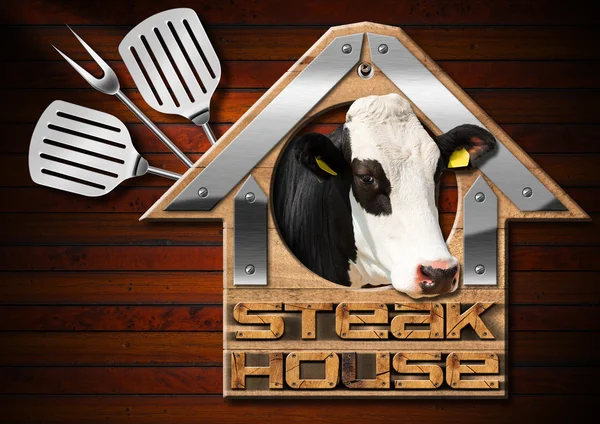 Steak house znamení na dřevěné stěně obrazce — Stock fotografie