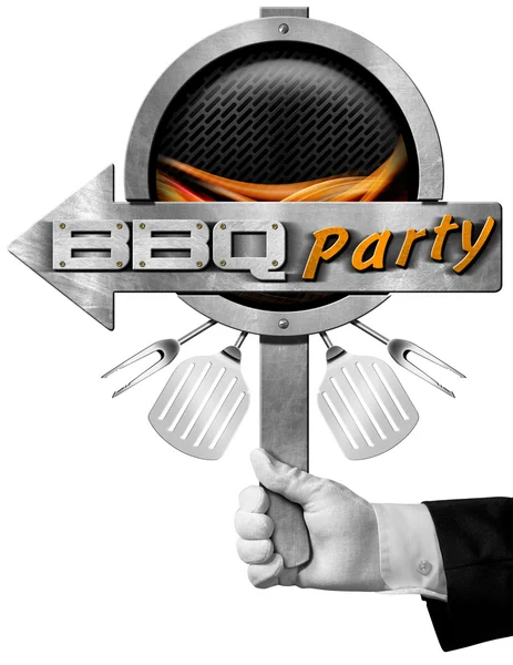 Bbq partito segno con mano di chef — Foto Stock