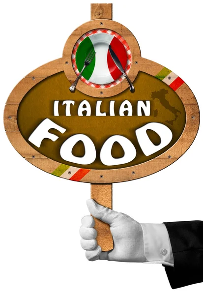 Italienisches Essen - Schild mit der Hand des Küchenchefs — Stockfoto