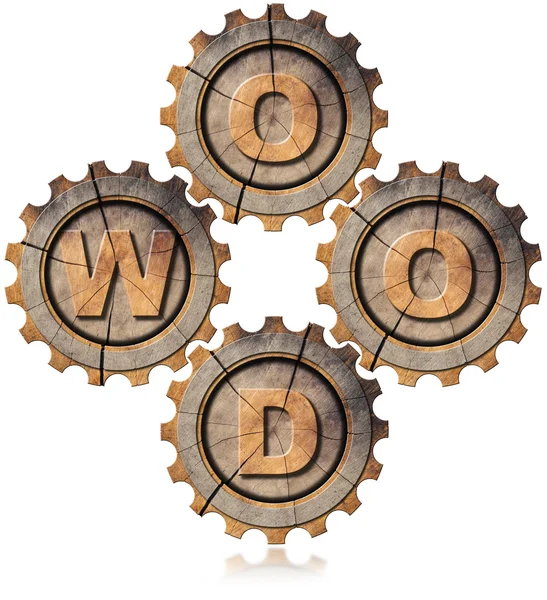 Wood Symbol with Four Wooden Gears — Zdjęcie stockowe