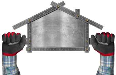 Sembolik bir ev tutarak eldivenli elleri