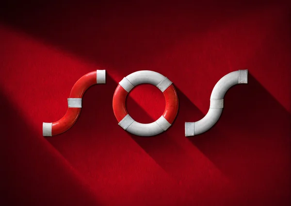 SOS Help Concept - rode en witte reddingsboeien — Stockfoto