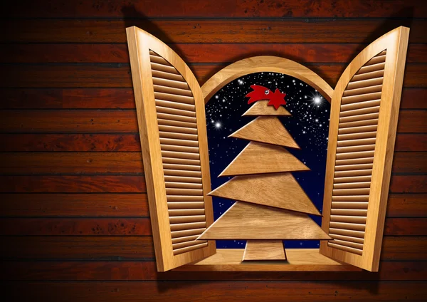 Open Window with Christmas Tree — Stock Photo, Image