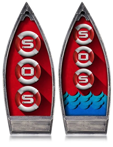 Barco de remos con boyas salvavidas y texto Sos — Foto de Stock