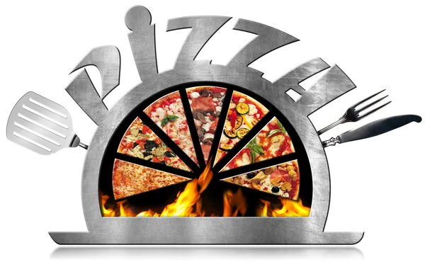 Metall Symbol för Pizza med Flames — Stockfoto