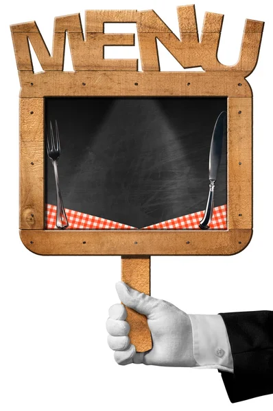 Chef with Old Blackboard with Text Menu — Stock Photo, Image