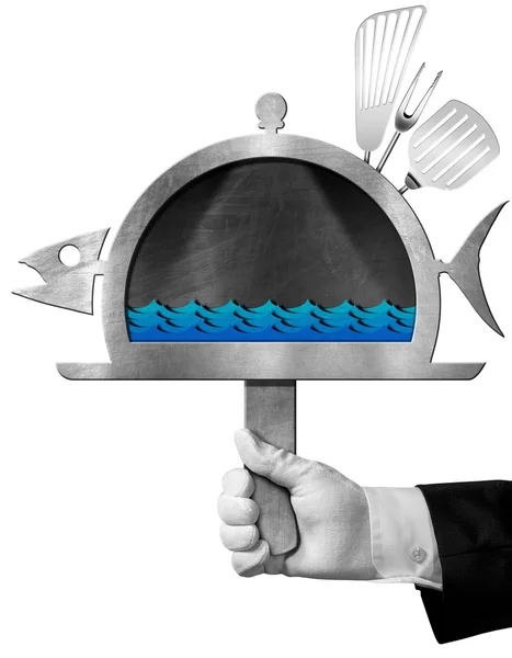 Blackboard Fish Shaped with Hand of Chef — Stock Photo, Image