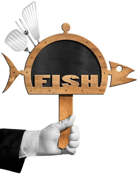 Blackboard vis gevormd met Hand van chef-kok — Stockfoto