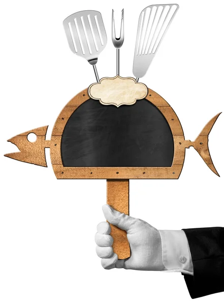 Blackboard Fish Shaped with Hand of Chef — Stock Photo, Image