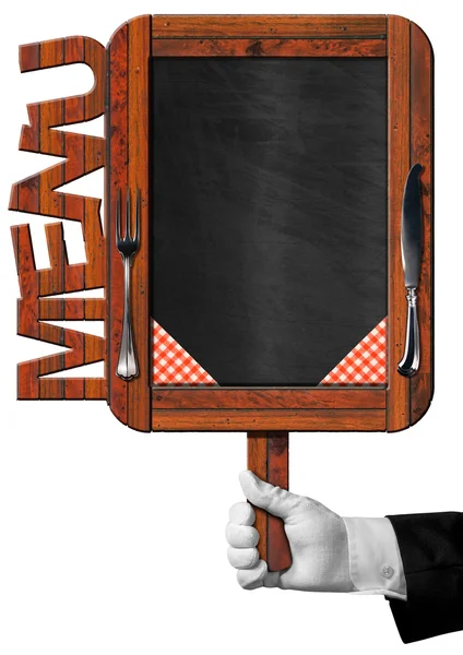 Chef with Old Blackboard with Text Menu — Stock Photo, Image