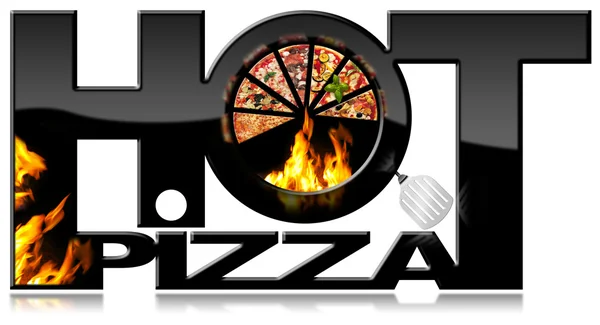 Hot Pizza - Black Symbol with Flames — Stock Photo, Image