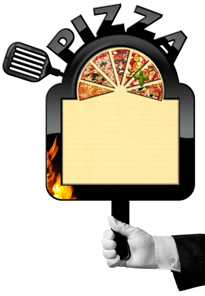 Chef com Banner para Menu Pizza — Fotografia de Stock