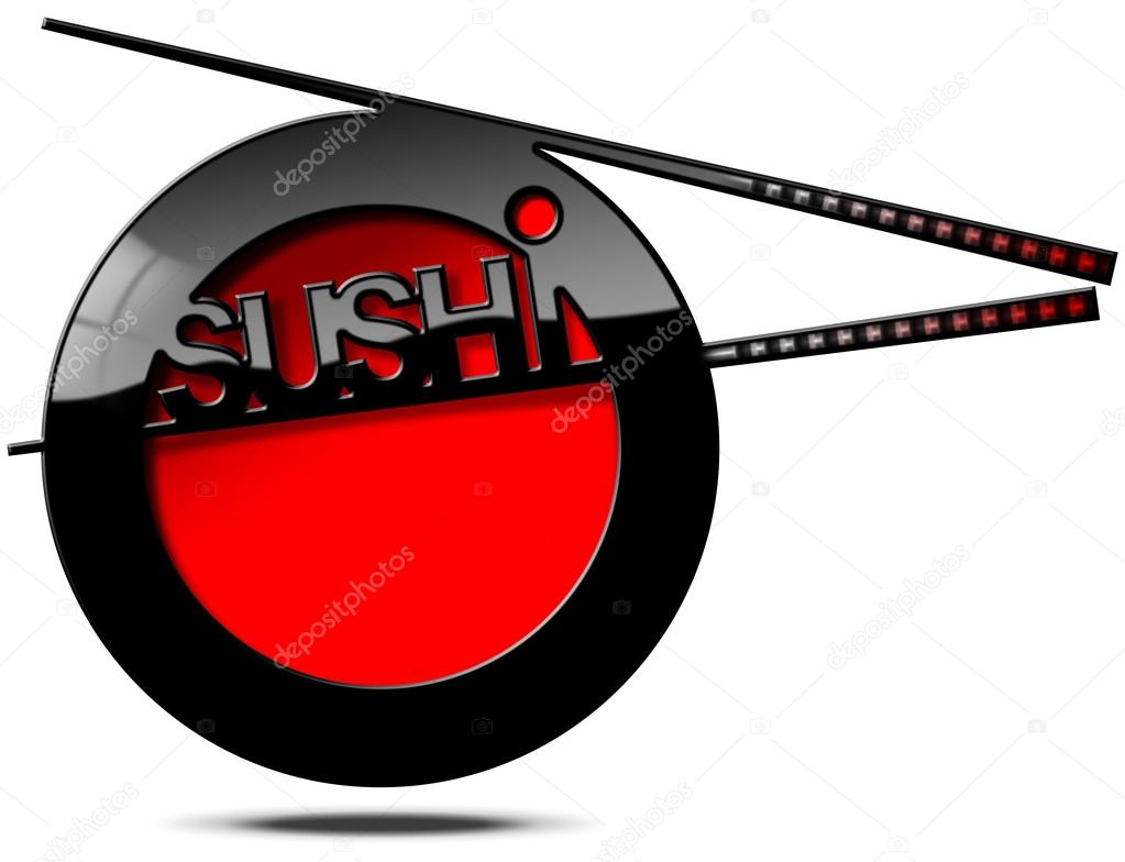 Red and black banner with chopsticks and text Sushi. Template for a sushi menu isolated on white background