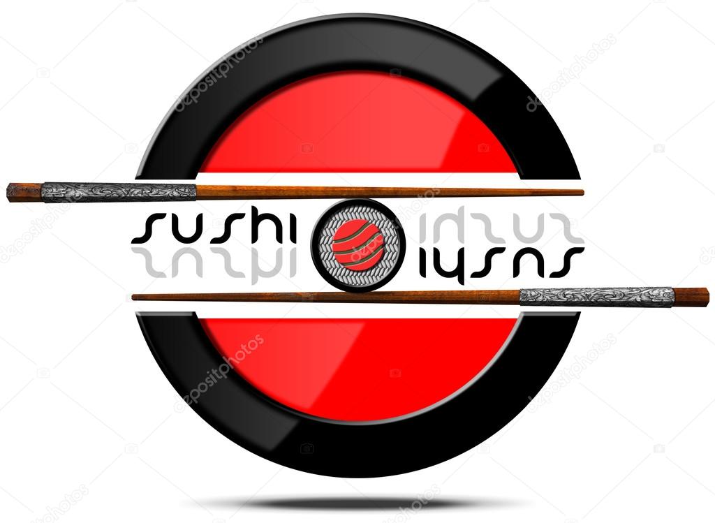Sushi icon or symbol with wooden and silver chopsticks, sushi roll and red and black circle. Isolated on white background