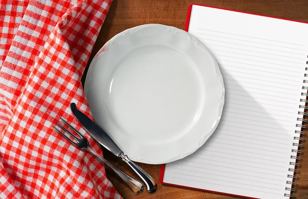 Notebook Plate and Cutlery — Stock Photo, Image