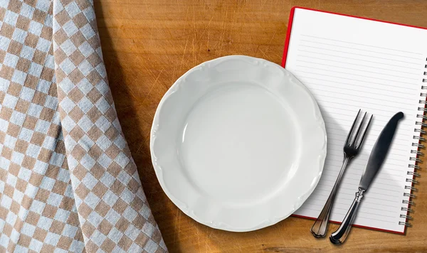 Notebook Plate and Cutlery — Stock Photo, Image