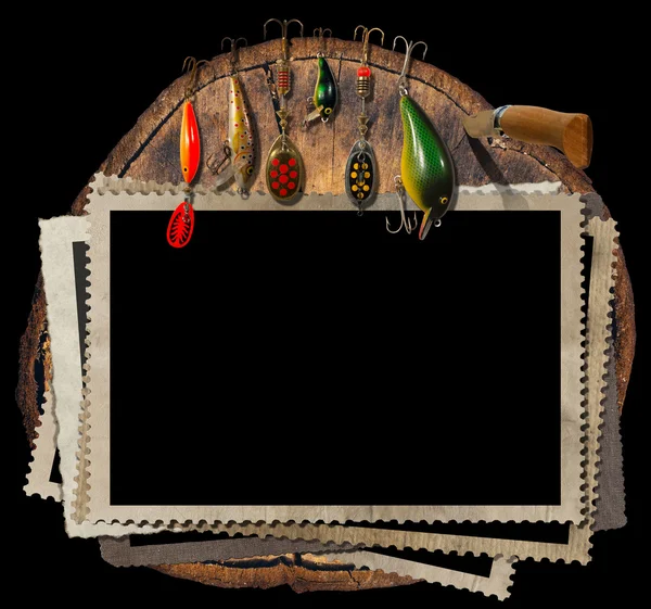 Fishing Tackle and Empty Photo Frames — Stock Photo, Image