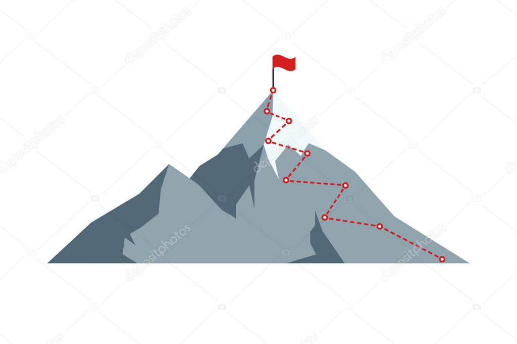 Mountain climbing route to peak with red flag on top rock. Business journey path in progress motivation and success target aspiration concept. Career mission goal direction vector illustration