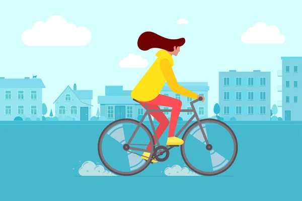 Hipster vrouwelijke rijfiets op straat. Jonge vrouw fietser vrijetijdsbesteding in de stad weg. Stijlvol meisje op fiets platte vector illustratie — Stockvector
