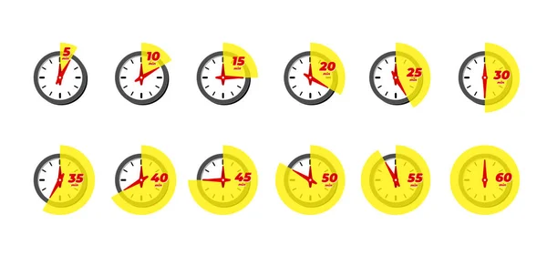 Timer und Stoppuhr Icon Set. Küche Kochen oder schnelle Expresslieferung Etiketten mit unterschiedlichen Minuten. Sportuhr oder Deadline Countdown Vektor Illusion — Stockvektor