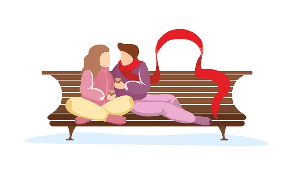 Pasangan yang jatuh cinta duduk di bangku taman. Gadis muda yang penuh kasih memeluk pria dengan syal merah panjang. Ilustrasi vektor hubungan romantis pria dan wanita - Stok Vektor