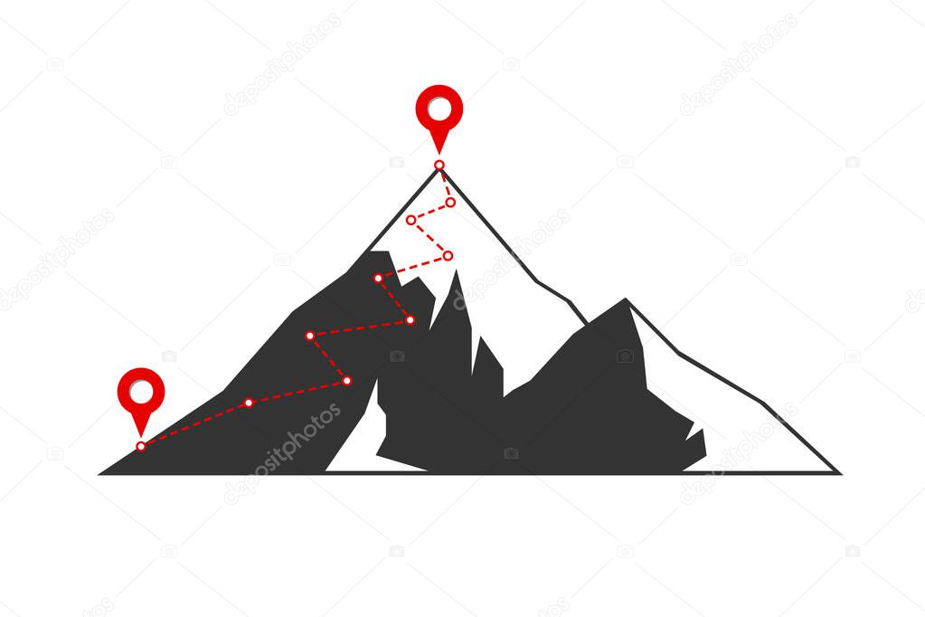 Mountain climbing route to peak with red flag on top rock. Business journey path in progress motivation and success target aspiration concept. Career mission goal direction illustration