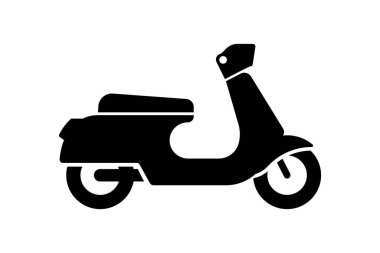 Beyaz arka planda izole edilmiş antika scooter siyah ikonu. Geleneksel motosiklet taşıma yolu tabelası. Moped dağıtım sembolü çizimi