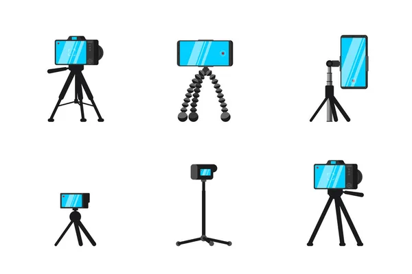 スマートフォンやカメラセット用の三脚とモノポッド。ブロガーの自撮りオンラインストリーミングビデオプロの安定した写真デバイス。ビデオグラファーと写真家のスタンド機器のベクトルイラスト — ストックベクタ
