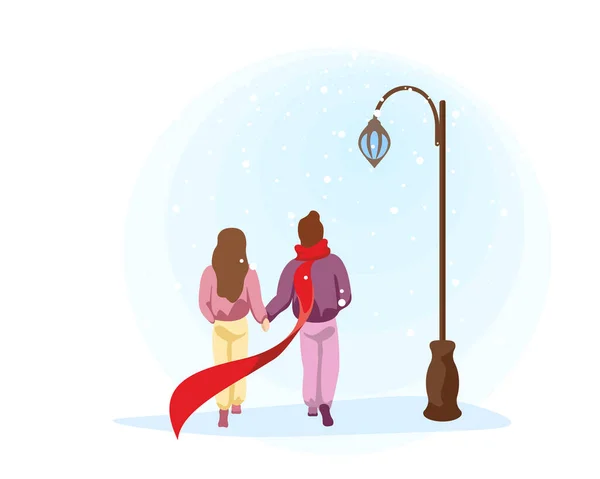 Para zakochanych dziewczyn i chłopak spacerują w parku przy świetle ulicznym. Mężczyzna i kobieta na zewnątrz pod zimowym śniegiem. Ludzki romantyczny związek pojęcie wektor ilustracji — Wektor stockowy