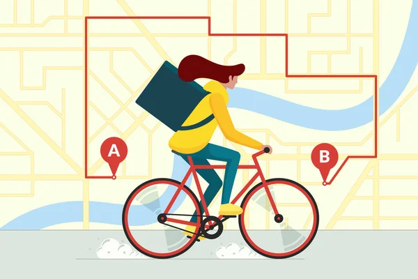 Szállítás fiatal női futár kerékpározás csomag termék doboz. Gyors szállítási szolgáltatás koncepció a város utcai térkép terv GPS csapok és navigációs útvonal. Vektorlapos illusztráció — Stock Vector