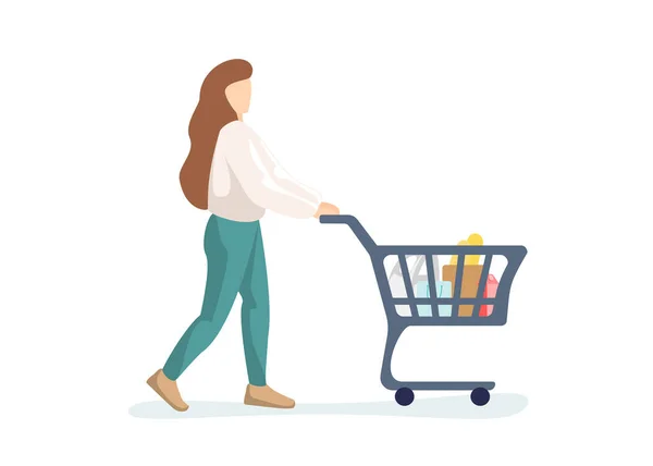 Young woman purchaser carrying supermarket shopping cart full of groceries. Female buyer pushing grocery store basket. Customer with products vector eps isolated illustration — 图库矢量图片