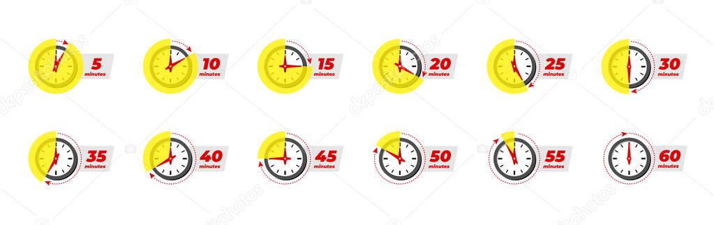 Timer and stopwatch icon set. Kitchen cooking or fast express delivery time labels with different minutes. Sport clock or deadline countdown vector isolated illustation