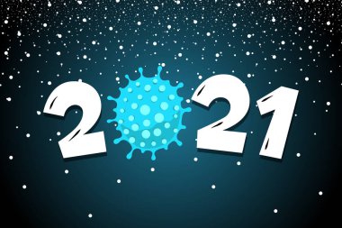 Koronavirüs COVID-19 salgını ikonlu mutlu yıllar 2021. Kar ve virüs pandemik vektör çizim şablonlu bayram tebrik kartı