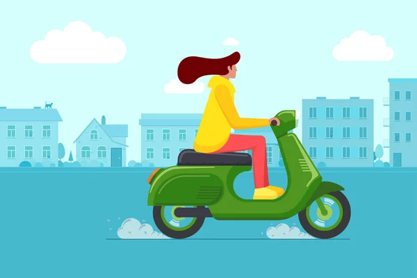 Meisje rijden retro stijl scooter op de weg van de stad. Jonge vrouw rijdt groene brommer op straat. Vrouwelijke vintage motorrijder. Hipster op fiets leven in beweging lifestyle vector illustratie — Stockvector