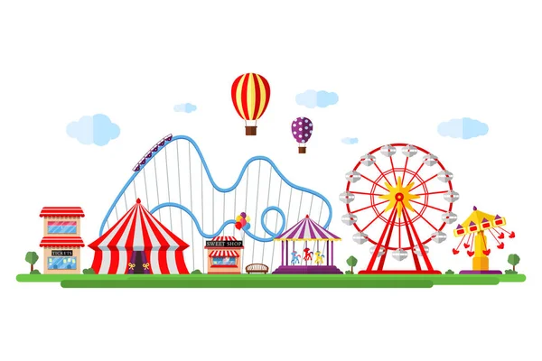 Nöjespark med cirkuskaruseller berg-och dalbana och attraktioner. Rolig rättvis och karneval tema landskap. Pariserhjul och karusell festival vektor illustration — Stock vektor