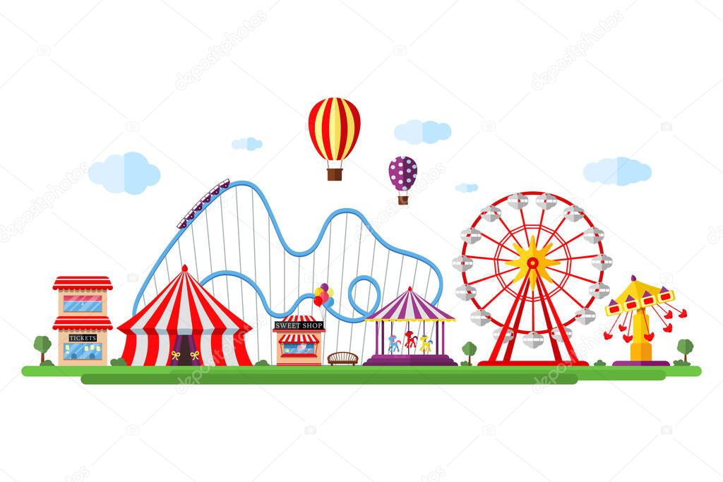 Amusement park with circus carousels roller coaster and attractions. Fun fair and carnival theme landscape. Ferris wheel and merry-go-round festival vector illustration