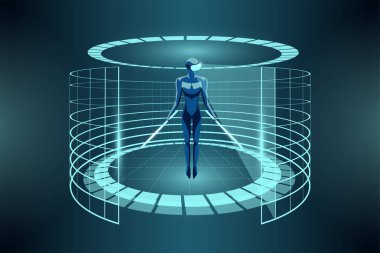 VR kulaklık takan ve gelecekte hologram neon sanal gerçeklik arenasında hafif kılıçlar kullanan bir adam. Siber uzay oyun portalını çember yapın. Dijital kaideyi ışınlayın. Silindir platform illüstrasyonu